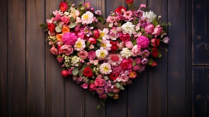 A heart-shaped wreath of flowers hanging on a vintage wooden door.