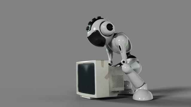 The robot is looking for useful components in an old PS computer