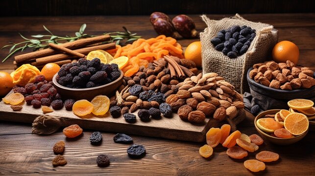 A high-resolution image displaying an assortment of dried fruits, including raisins, apricots, and figs, spread out on a rustic wooden table.