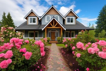 Fototapeta na wymiar farmhouse with a gabled entryway and rose bushes on sides