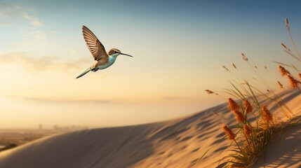 A hummingbird hovering in a dance over the beach, its wings a blur, with dunes in the distance.