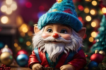 Adorable and charming christmas gnome 3D cartoon character With colorful fur, the gnome with cuteness and holiday spirit. Generative AI.