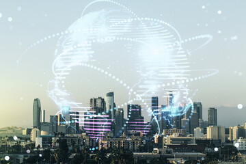 Abstract graphic digital world map hologram with connections on Los Angeles cityscape background, globalization concept. Multiexposure