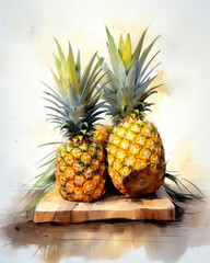 Eine reife Ananas in leuchtenden Gelb- und Brauntönen harmoniert mit dem sanften Grau des Hintergrunds, während lockere Pinselstriche die raue Textur unterstreichen