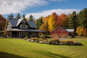 farmhouse with barn addition encircled by an autumnal forest