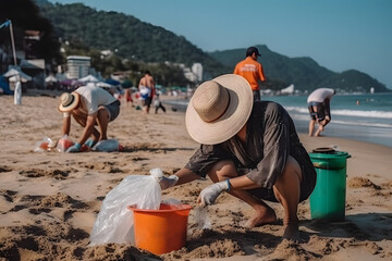 People on the beach remove trash. 
