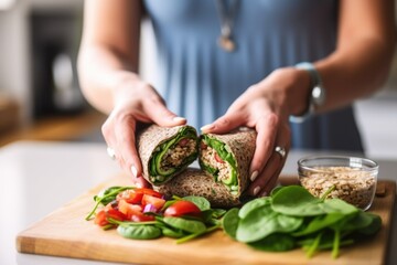 using fingers to pack flaxseed wrap with tuna salad - obrazy, fototapety, plakaty