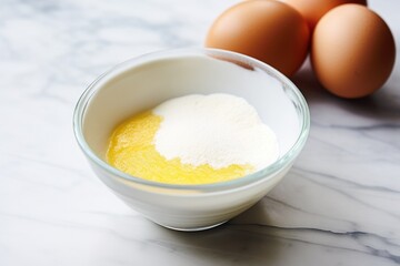 an egg replaced by an egg-substitute powder in a bowl