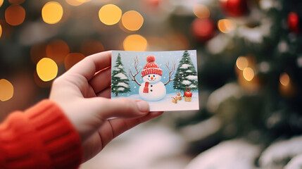 close up of the child's hand holding a handcrafted Christmas greeting card on a bokeh background