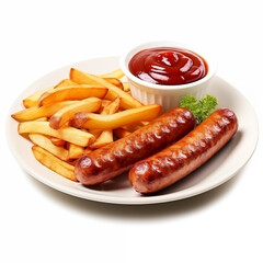 Grilled sausage, french fries and ketchup on a plate, isolated on white background