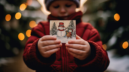 close up of child's hands holding a handcrafted Christmas greeting card