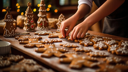 close up of hands making homemade gingerbread cookies in the kitchen