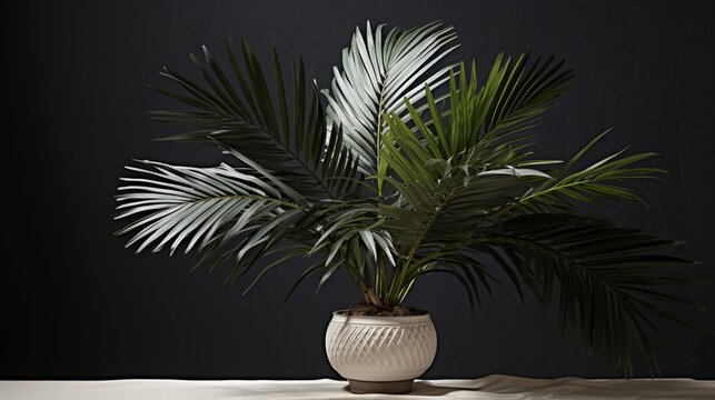 A kentia palm with its feathery fronds, emerging from a pot with tropical prints.
