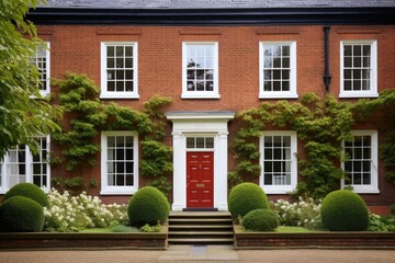 georgian house with red brick garden walls and white window headers