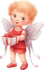 Valentine's Day illustration, Cupid, cute children's drawing, watercolor style on white background.