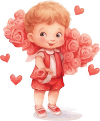 Valentine's Day illustration, Cupid, cute children's drawing, watercolor style on white background.