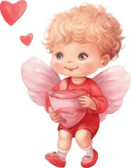 Valentine's Day illustration, Cupid, cute children's drawing, watercolor style on white background.