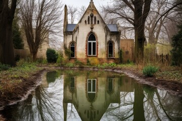 Fototapeta premium reflection of a gothic revival building with stone facade in a pond