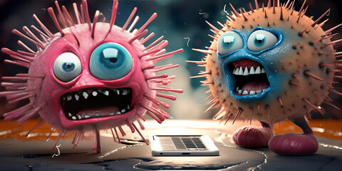 Microbes and viruses germ characters with funny faces mascots of bacteria and disease viruses, Fantasy virus character with fear face - obrazy, fototapety, plakaty