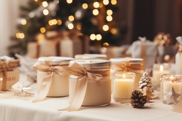 DIY Christmas Gifts - Table spread with homemade crafts, candles, and knitwear, showcasing the DIY gift trend - AI Generated