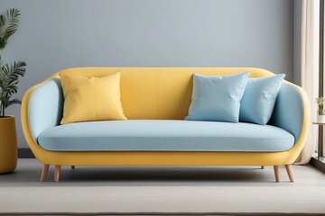 Modern and simple yellow and blue double sofa, home interior design.