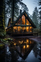 Fototapeta premium Cabin house surrounded by a peaceful forest, Generative AI