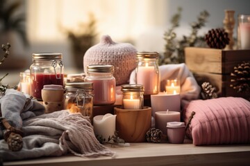 Fototapeta na wymiar DIY Christmas Gifts - Table spread with homemade crafts, candles, and knitwear, showcasing the DIY gift trend - AI Generated