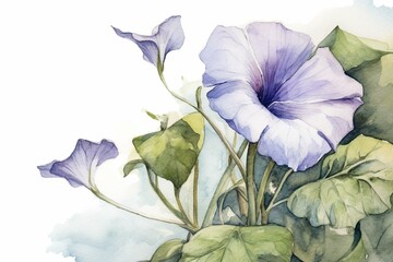 Watercolor illustration of a morning glory with a framed background. Generative AI