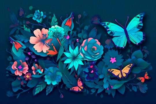 Colorful flowers with butterflies flying around them. The flowers are a mix of bright orange, pink, and purple and The butterflies are a mix of blue, green, and yellow, with their wings open.
