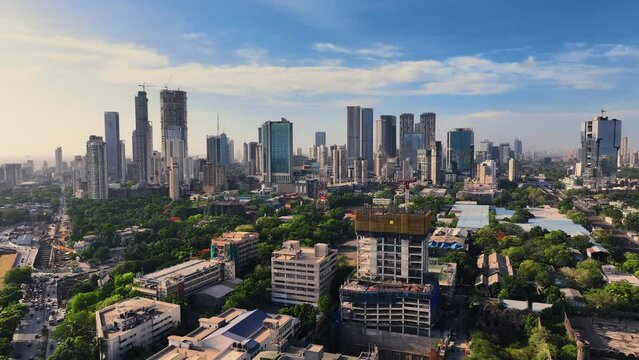 Aerial view of Mumbai City, Maharashtra, India. Drone shot of Mumbai skyline, beautiful weather during summer.