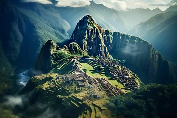 Fotobehang An AI illustration of the ruins on a mountain with mountains in the background and a river in the fo © Wirestock