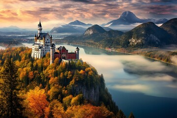 AI illustration of An autumnal view of a castle situated atop a hill - obrazy, fototapety, plakaty