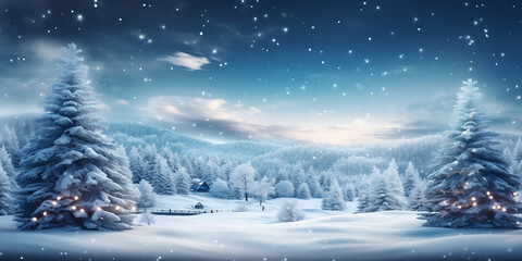Fototapeta na wymiar Christmas background with snowy fir trees and presents, Beautiful winter background for Merry Christmas and Happy New Year with fluffy snowdrifts against background of night winter forest falling sno