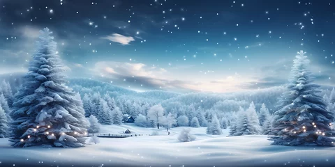 Fotobehang Christmas background with snowy fir trees and presents,  Beautiful winter background for Merry Christmas and Happy New Year with fluffy snowdrifts against background of night winter forest falling sno © Muneeb