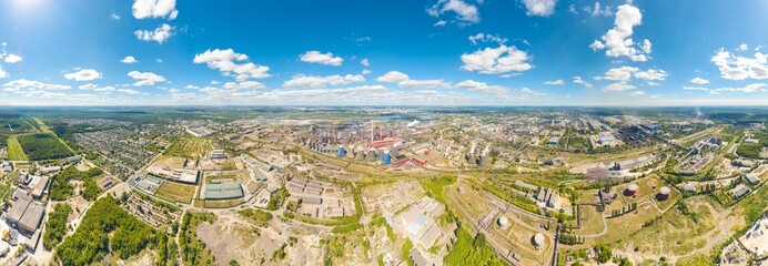Lipetsk, Russia. Metallurgical plant. Blast furnaces. City view in summer. Sunny day. Panorama 360....