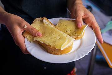 hold in hands a white plate with two cheese sandwiches