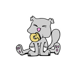 Cute baby cat character sitting using a pacifier and wearing diapers. Colourful hand drawn cartoon style vector illustration.