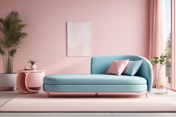 Pink and sky blue sofa, pink curtain, soft light, modern design.