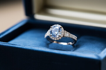 Close up of a stunning engagement ring in a box - obrazy, fototapety, plakaty