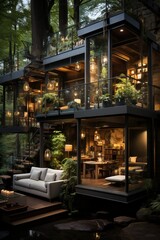 Fototapeta na wymiar Cabin house with a treehouse-inspired design, Generative AI