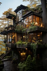  Cabin house with a treehouse-inspired design, Generative AI