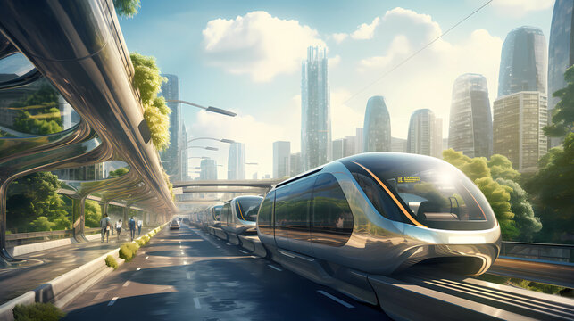 Futuristic City Advanced Transportation Realistic Illustration. Smart city and advanced transportation systems such as autonomous vehicles, hyperloops.