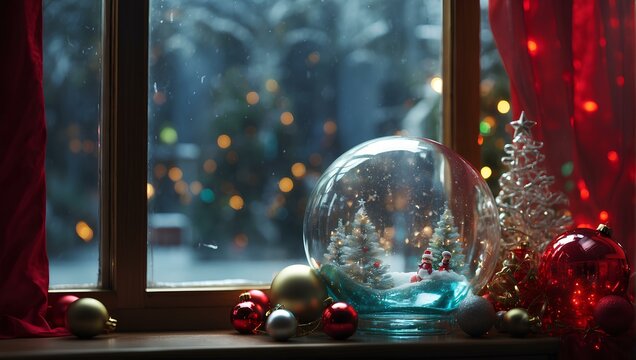 A photo of a Christmas-themed window sill, adorned with a snow globe, various ornaments, and twinkling lights, all set against a backdrop of a red curtain.