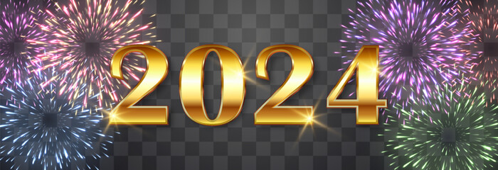 Happy New Year 2024 festive fireworks with brightly shining sparks. New Year's Eve fireworks. Realistic sparks and explosions. Colorful pyrotechnics show. Vector isolated on png background