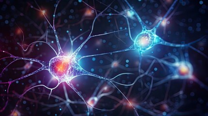 Neuron cells, glowing link knots, nervous system, intricate beauty, electrical connections, captivating journey, electrified pathways. Generated by AI.