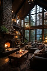  Cozy mountain cabin house with a roaring fireplace, Generative AI