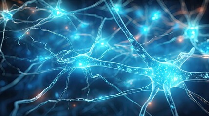 Naklejka na ściany i meble Neuron cells, intricate links, nervous system, complex web, electrical communication, captivating journey, electrifying brain. Generated by AI.