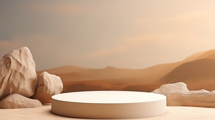 Fototapeta na wymiar White podium on sand landscape background. AI generated