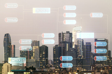 Multi exposure of abstract software development hologram on Los Angeles skyscrapers background, research and analytics concept