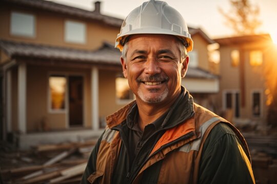 Happy master foreman in uniform and helmet watches, controls the construction of the house during autumn sunset with a sun flares in the background. Generative Ai.